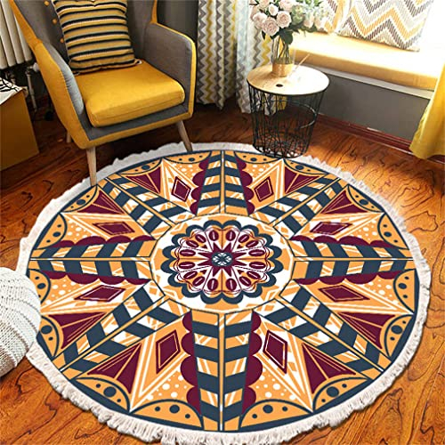 Tomifine Mandala Rund Teppich Quasten, Böhmen Handgewebte Baumwolle Teppiche für Schlafzimmer Wohnzimmer Hausdekor (150 cm,Gelb Violett)