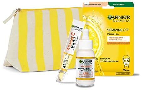 Garnier Skin Active - Trousse Routine Éclat Visage à la Vitamine C - Sérum Anti-Taches 30 ml + Soin Yeux 15 ml + Masque Tissu Hydratant - Illuminateur, Hydratant, Anti-Cernes - Peaux Ternes