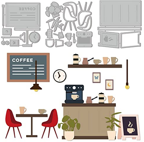 GLOBLELAND 3 Stücke Coffee Shop Stanzformen Metall Cafe Stanzschnitte Prägeschablonen Vorlage für Papierkartenherstellung Dekoration DIY Scrapbooking Album Handwerk Dekor