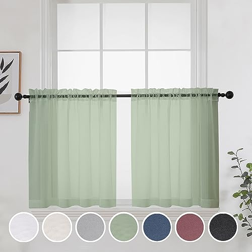 OWENIE Short Sage Green Sheer Curtains 24 Inches Long 2 Panels for Bathroom Window, Rod Pocket Light Filtering Sheer Tier Curtains for Small Kitchen Laundry Room, RV, Camper Travel Trailers, 42W x 24L