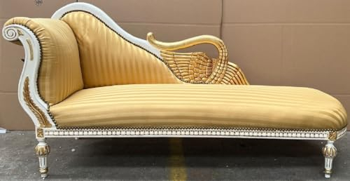 Casa Padrino Barock Chaiselongue Linke Seite Gold/Weiß/Gold - Handgefertigte Massivholz Recamiere mit Streifen - Barock Wohnzimmer Möbel - Edel & Prunkvoll