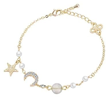 fdsmall Armbänder für Frauen 14K Gold überzogen Einstellbare Runde Perlen Perle Mond und Sterne Stil Kette Armband Armreif Modeschmuck Geschenke für Mädchen