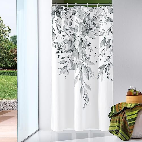 Gibelle Petit rideau de douche 91,4 x 183 cm, rideau de douche étroit à motif floral gris pour salle de bain, motif aquarelle et feuilles d'eucalyptus avec crochets