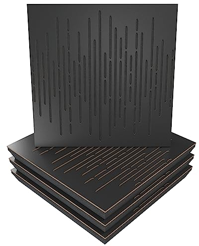 Sound Absorption-Diffuse Acoustic Panel | 50x50x5cm | Absorption - Diffusion - Reflection - Soundproofing | Wood Perforated laminated: (x4 WAVE, Black)
