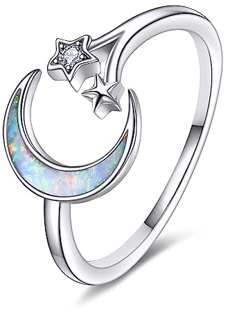 Mond Stern Ring Damen 925 Sterling Silber Weiß Opal Einstellbar Ring für Mädchen Opal Mond Schmuck Geschenk