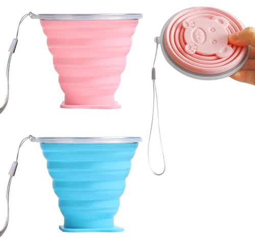 QEEROYO Tasses En Silicone Pliables Avec Couvercle, Gobelets De Voyage, 2 Pièces Tasse de Voyage Camping Mug, Verre Rétractable, Tasse De Voyage Pliable, pour Le Camping Randonnée Pique-Nique, 180ml