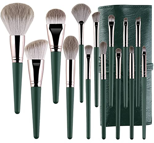 Lot de 14 pinceaux de maquillage professionnels pour fond de teint, anti-cernes, poudre, blush, fard à paupières, sourcils, visage pinceau maquillage, avec trousse à maquillage (vert)