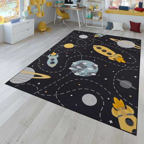 TT Home Kinderteppich Babyzimmer Teppich Kinderzimmer rutschfest Tiere Weltkarte Autos, Farbe:Grau Blau Gelb, Größe:200 cm Rund