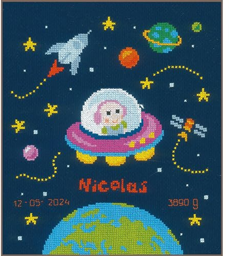 Vervaco Gezählter Kreuzstich Stickpackungen Stickset Baby Geburt Baby Astronaut Wanddekoration Handarbeit Set für Erwachsene Kreatives Handwerk ca. 23 x 26 cm Geburt Geschenk Hausdeko