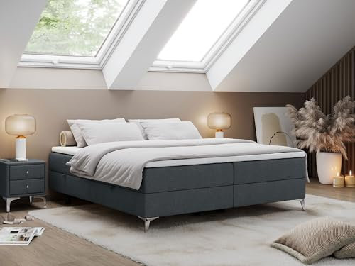 MKS MEBLE Boxspringbett Less 180x200 cm, Bett mit Bettkasten, Multipocket Matratze H3 7-Zonen, Topper T25, minimalistisches Doppelbett – Dunkelgrau Strukture
