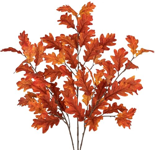 Hollyone 3 Stück Künstliche Eichenblätter Orange Herbstliche Kunstzweige 77 cm Stiel Künstlicher Deko Zweig Herbst Kunstlaub für Heimdeko Tischdeko Blumenarrangement Centerpiece