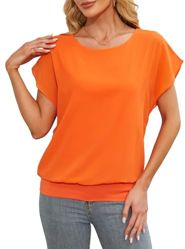 Anelune Summer Blouses for Women Elegant Casual Ladies Chiffon Blouses Short Sleeve Loose T-Shirts Orange X-Large