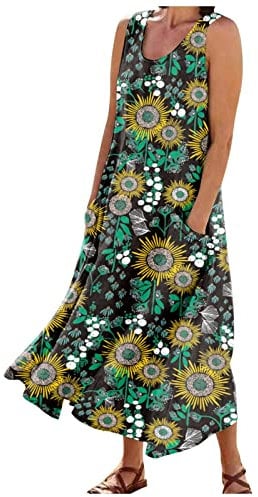 Sommerkleid Damen Leicht Boho Kleid Damen Wickelkleid Damen Frühlingskleid Damen Freizeit Lose Sommerkleid Dress Sommerkleid Damen Elegant Damen Sommer-Freizeitkleider Kleider Ab 50 Jahre(1-Green,XL)
