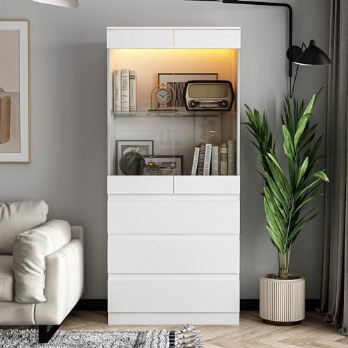 PREMTURE Glasvitrine,Vitrinenschrank, Vitrine,2 Türige, 3 Schubladen Glas Vitrinenschrank für Wohnzimmer, Esszimmer, Büro, Küche, MDF, Weiß,80×40×180 cm