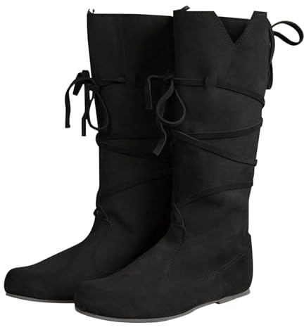 Stiefel für Damen und Herren im Frühling und/Winter, mit flachem Absatz, dicker Sohle, Schnürung, mittelalterliches Rollenspiel, runde Zehenpartie, Schnürung, Outdoor Schuhe Damen (Black, 36)