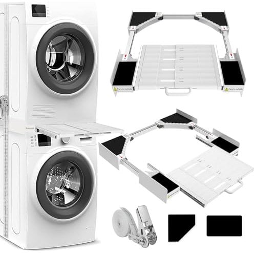 NIUXX Universal Zwischeneinbaurahmen Set für Waschmaschine und Trockner, Waschmaschinen Verbindungsrahmen Kit mit Regalbrett, Stapelbausatz mit Ratschenseil, Zwischeneinbausatz für Waschküche