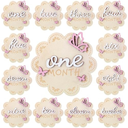 12 Pcs 3D Butterfly Wooden Baby Girl Monthly Milestone Cards Sign 1-12 Months Milestone Marker Discs Newborn Photography Props Memento Signs to Document Baby's Growth Announcement Pregnancy Journey