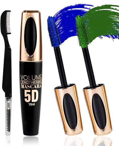 2PCS Blue Green Waterproof Mascara for Eyelashes, 5D Silk Fiber Liquid Lash Extensions Colored Mascara with Folding Eyelash Comb Brush, Volumizing and Thick,Smudge-proof Long Lasting, Party Stage Use