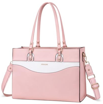 MOSISO Laptop Tote Bag for Women, 15.6 inch Work Bag Teacher Laptop Bag, PU Leather Curved Line Computer Bag, Large Capacity Handbag Briefcase for Business Office, Pink