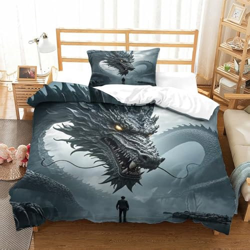 DAFUfbw Dragon King Bettwäsche Satin Drachen Bettdeckenbezug Luxus Bed Set Schlafhilfe Bettbezug Mit Kissenbezüge: 48 X 75 cm Atmungsaktiv Bed Linen Set Für Jungen Und Mädchen Single(135x200cm)