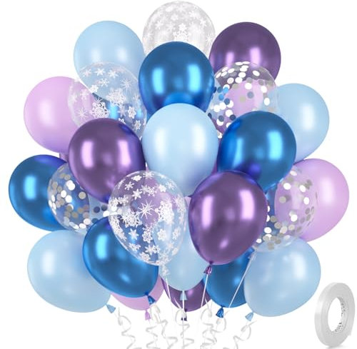 Luftballons Blau Lila, 30 Stück Metallic Blau Lavendel Luftballon Set, Silber Konfetti Ballons, Schneeflocke Helium Ballon für Geburtstag Hochzeit Jugendweihe Verlobung Mädchen Babyparty Brautparty