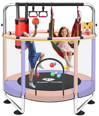 Indoor Trampolin with Net for Kinder Ø 140 cm | Kinder Trampolin with Adjustable Gymnastics Bar & Toys