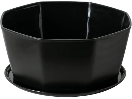 Jorzer Pots de fleurs en céramique avec trou de drainage pour plantes succulentes et plantes d'intérieur - 20,3 cm - Rond et peu profond - Avec plateau en bambou - Noir