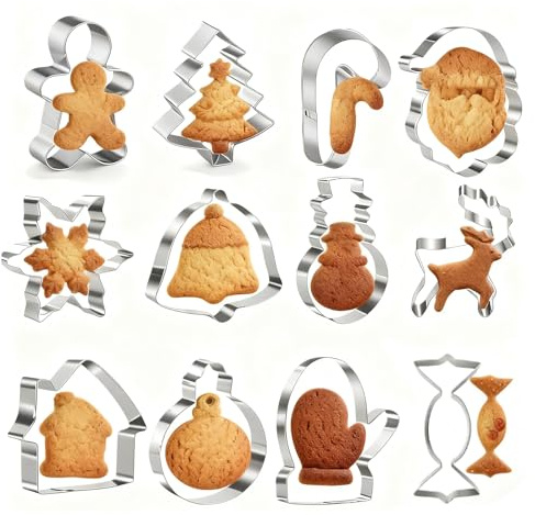 LIANRISES 12 Pezzi Formine Biscotti Natale, Stampi Tagliabiscotti Natalizi, Gingermen, Renne, Pupazzo Di Neve, Babbo Natale, Fiocchi Di Neve, Acciaio Inossidabile
