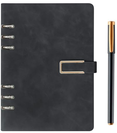 SIMDAO A5 Notizbuch, Notizbuch mit PU-Ledereinband, inklusive Stift, nachfüllbarem Kalender, 6-Loch-Ringbindung, liniertem Notizblock für Geschäftsreisen und Büro, 100 Seiten/200 Blatt