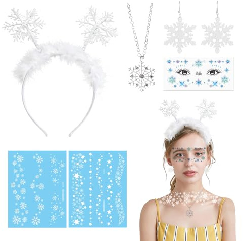 YOKJGHDO 20 Stück Schneeflocken Kostüm Set für Damen Mädchen mit Haarreif Ohrringen Halskette Temporäre Tattoos Winter Weihnachts Karneval Fasching Motto Party Accessoires