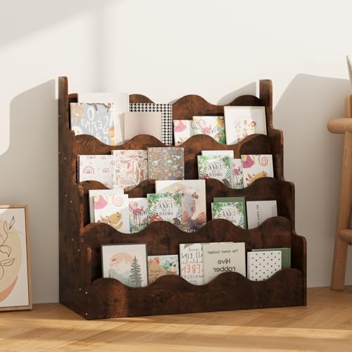 KEEPREAPER Kinder Bücherregal aus Kieferholz, 80x38x80cm (Braun-Welle) | Montessori Kinderregal mit 4 Ablagen, für Kinderzimmer Spielzimmer