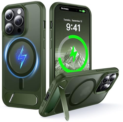 NJROW Magnetic Stand for iPhone 14 Pro Case Compatible with MagSafe Green | [Stand & Wireless Charging 2in1] [Flush Hidden Kickstand] [Military Shockproof] Slim Translucent Matte, Green