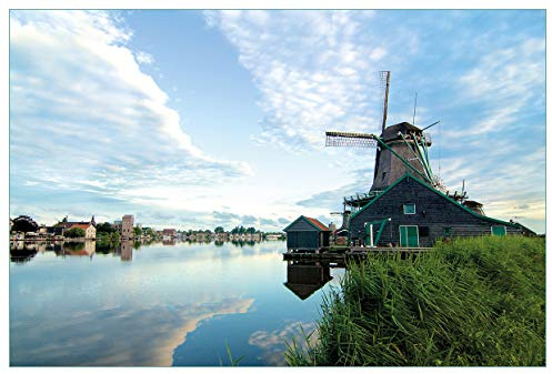 Wallario Küchenrückwand selbstklebend 90 x 60 cm, Motiv: Alte Windmühle an einem Fluss | Spritzschutz abwischbar & pflegeleicht