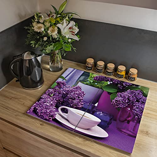 banjado Ceranfeld Abdeckung Glas 2-teilig 60x52 cm, Herdabdeckplatten und Schneidebrett Küche aus gehärtetem Glas, dekorativer Küchen Spritzschutz Blumen & Pflanzen mit Motiv Flieder