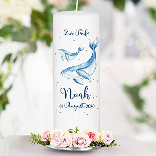 Wandtattoo Loft Taufkerze Junge mit Taufspruch + Patenkerze, Motiv Blauer Wal 25 x 7 cm, personalisierte Kerze, bedruckte Kerze zur Taufe, Taufgeschenk