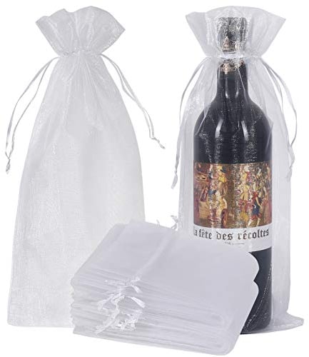HRX Package 30pcs White Organza Wine Bags, Sheer Mesh Wine Gift Pouches Bottle Covers Dresses Drawstring for Christmas