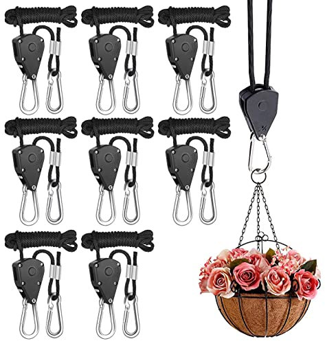 Rope Ratchet Hanger, 8 Packs 1/8 in Reinforced Adjustable Height Anti-Loose Design Metal Gears Clip for Growing Light Fixtures, Hanging Plants, 8 FT Length 150lbs Weight Capacity