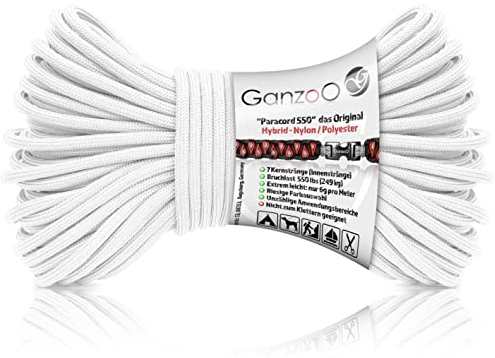 Ganzoo Paracord 550 Seil reinweiß, 4mm, Typ 3, Nylon Polyester, Hybrid, Armband, Hunde-Leine, Hunde-Halsband knüpfen, ca. 250kg Bruchlast, Outdoor Rope, Camping Schnur, Allzweckseil, 30 Meter