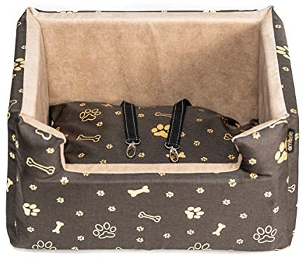 BOUTIQUE ZOO Hunde Autositz | Autositz für Hunde, Katzen, Haustier | Rückbank, Beifahrersitz | Hundebett, Hundetasche | Polyester, Wildlederimitat | Farbe: Braun/Gold | Große: L (57x50 cm)