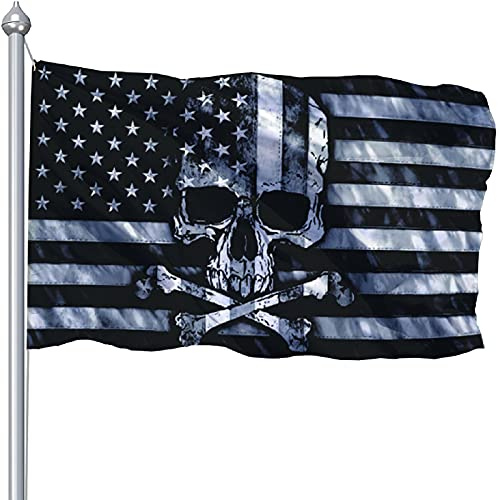 Drapeau de pirate américain avec tête de mort et os croisés - 9,5 x 15,2 cm - Double impression - Noir et blanc - Drapeau américain - Résistant aux UV et à la décoloration
