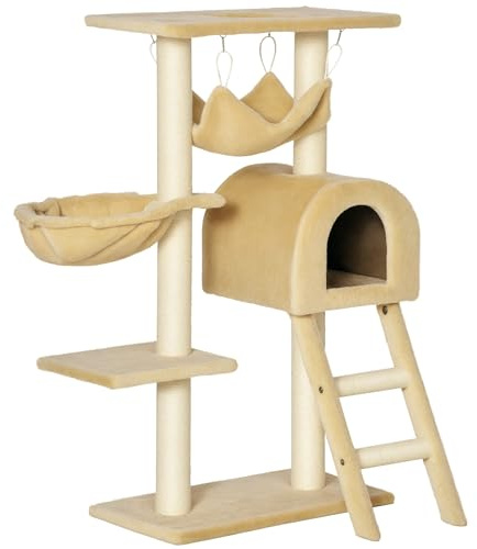 PawHut Albero Tiragraffi per Gatti Multilivello con Amaca, 98cm Beige | Casetta, Corde in Sisal Naturale