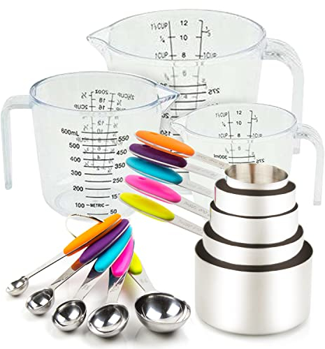 Measuring Cups and Spoons Set 13 Piece. Includes 10 Stainless Steel Measuring Spoons and Cups Set and 3 Plastic Measuring Cup. Liquid Measuring Cups Set and Dry Metal Measuring Cup Set