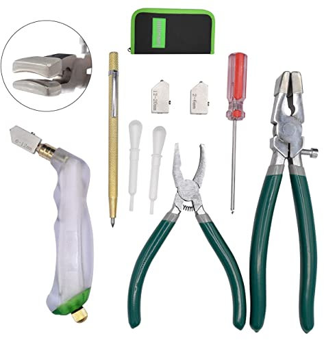 GINWORD 9-teiliges robustes Glasschneiderwerkzeug, Glasschneide-Set, Glasbrechzange, Breaker Grozer-Zange mit gebogenen Backen, Glasschneider für Buntglas, Mosaik, Sicherung, Brechen