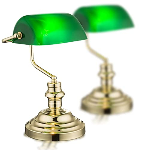 bmf-versand Bankerlampe Grün Messing 2er Set - Grüne Schreibtischlampe Retro Büro - Nachttischlampe mit Grünen Lampenschirm - Tischlampe Bürolampe für Schreibtisch Höhe 36 cm