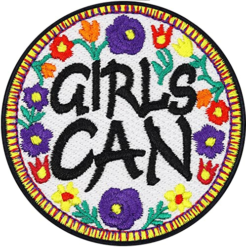 Girls Aufnäher Motivations Aufbügler Girls can Patch zum annähen/aufbügeln | Hippie Jeans Flicken mit Stickerei Feminismus Geschenk Applikation für alle Stoffe | 70x70mm