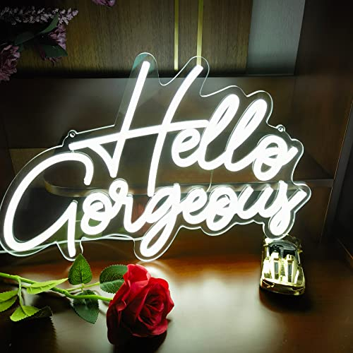 Hello Gorgeous Neon LED Nachtlicht für Wand Zuhause Party Wandleuchte Schilder Hochzeit Valentinstag Schlafzimmer Geburtstag Bar Club leuchtende Buchstaben Neonschild mit dimmbarem Schalter (weiß)