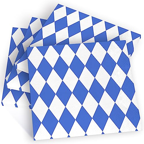 24 Stück Oktoberfest Blau-Weiße Papierservietten - 33 x 33 cm Einweg-Bayerische Servietten Tischgeschirr Mittagessen Serviette für traditionelle deutsche Bier Oktoberfest Partydekorationen