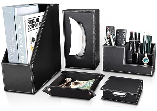 KINGFOM PU Leder Schreibtisch Set, 5Pcs Büroset mit Stehsammler, Schreibtisch Organizer, Kosmetiktücherbox, Valet Tray und Zettelbox (T104H-Schwarz)