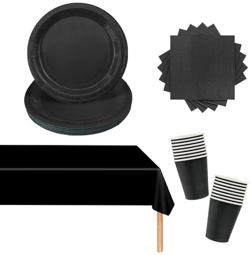 53PCS Papiergeschirr Schwarz Papier Geschirr Set Party Weihnachts Party Geschirr Set, Schwarz Tischdecke Rechteckig,Pappteller,Servietten,Pappbecher für Geburtstag,Hochzeiten,Weihnachten Dekoration