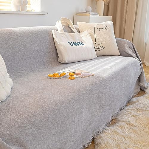 Couchbezug 180x420cm, Einfarbig mit Quasten Sofa Überzug 4 Sitzer Sofa Überzug Antirutsch Hellgrau Sofa Überzug für Ledersofa